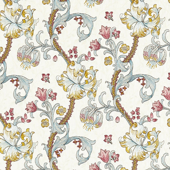 William Morris Golden Lily Embroidered Fabric Plum Denim
